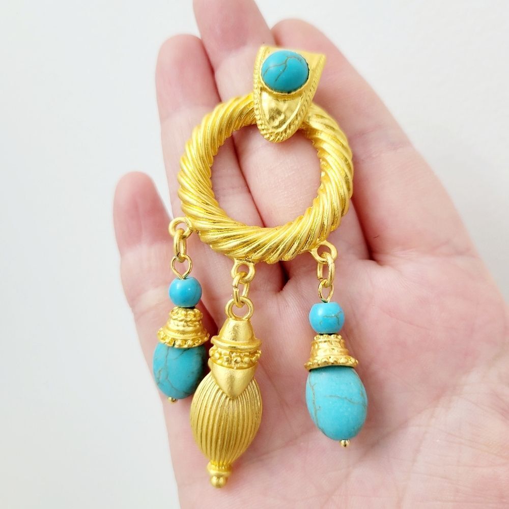 Brand New Indian Style Gold Tone With Turquoise Stone Earrings - Picture 2 of 5